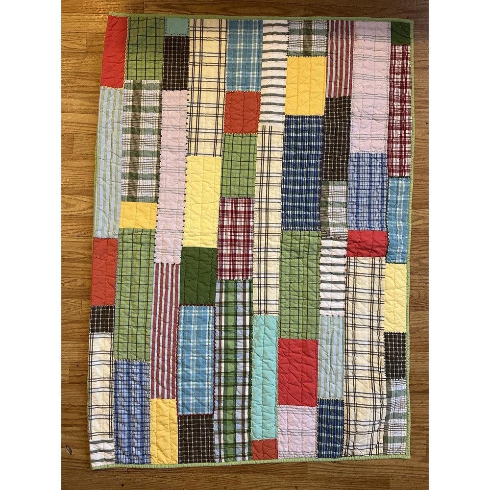 PBK Pottery Barn Kids Hanging Quilt Plaid 48in X 34in 100% Cotton Green Trim